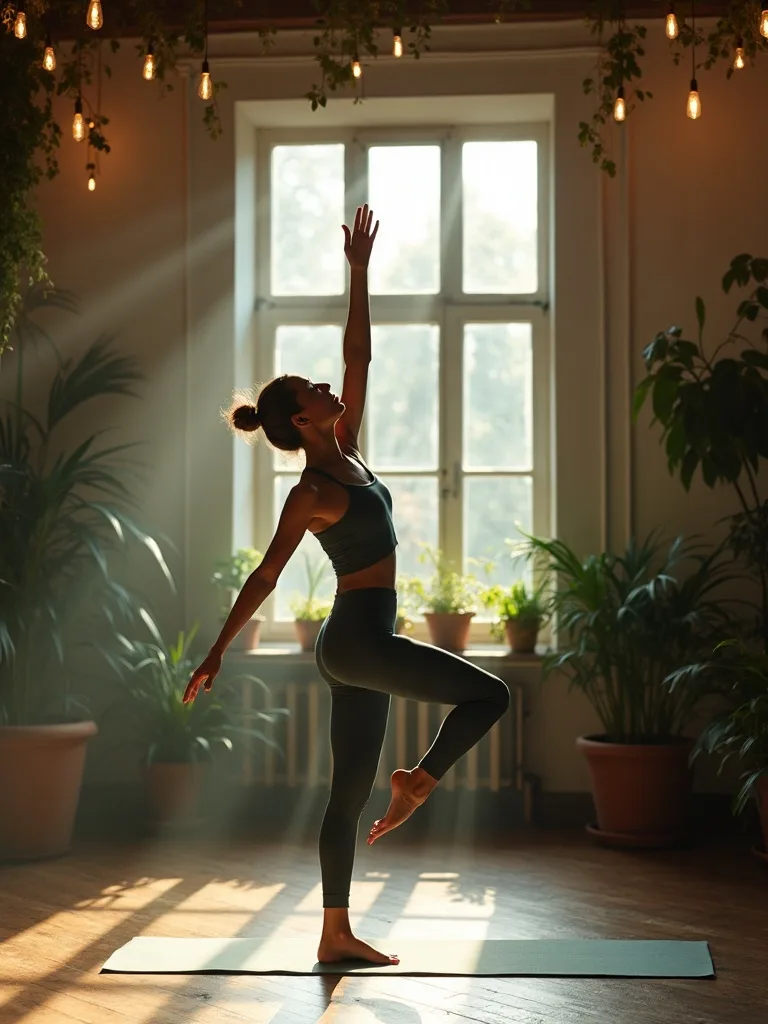A person flowing through a graceful standing movement in a sunlit studio