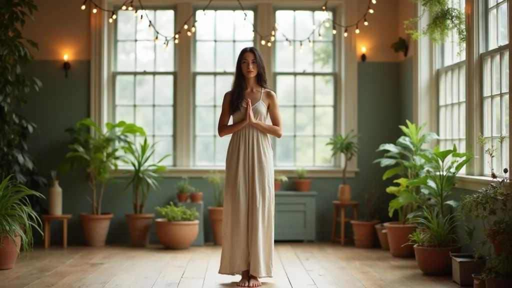 A woman standing in a calm, grounded pose in the light-filled Transcendent Wellness studio in New Bern, NC