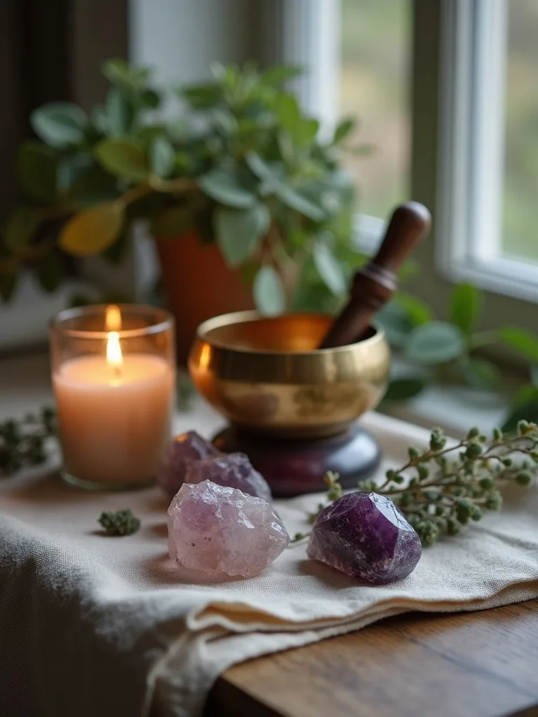 A peaceful energy-healing altar with crystals, a singing bowl, and a candle